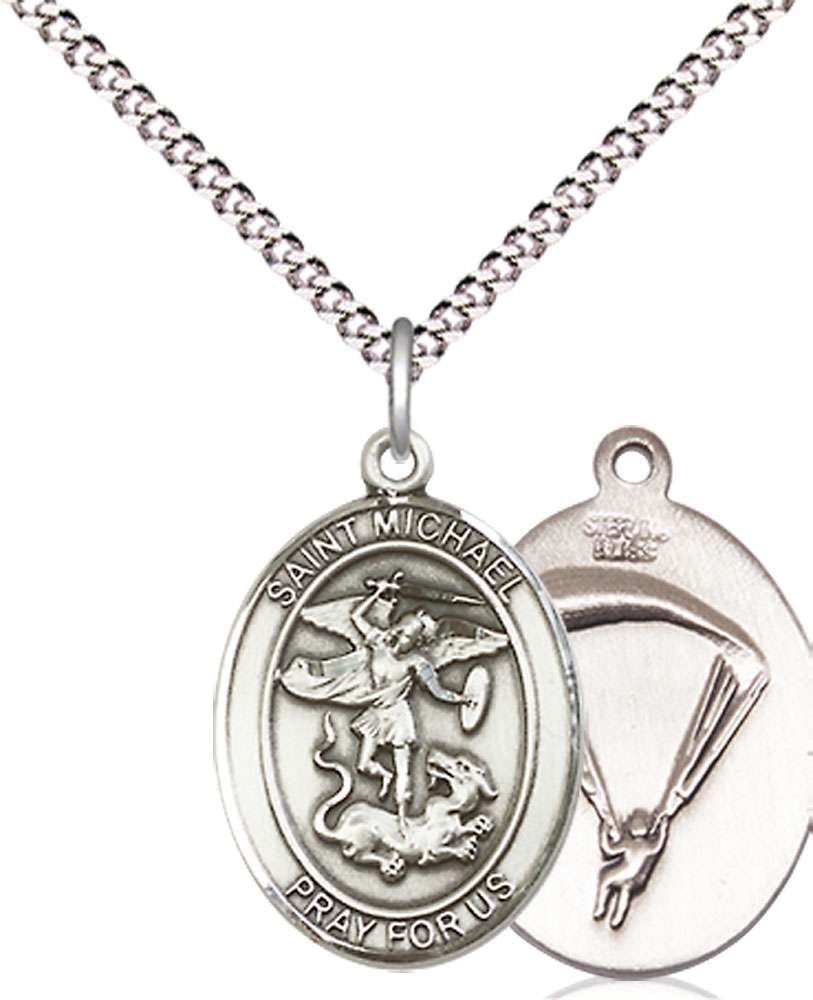 Sterling Silver Saint Michael Paratrooper Pendant on a 18 inch Light Rhodium Light Curb chain