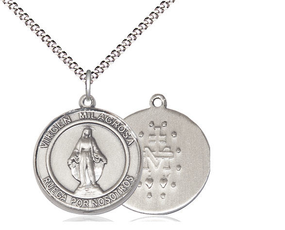 Sterling Silver Virgen Milagrosa Pendant on a 18 inch Light Rhodium Light Curb chain