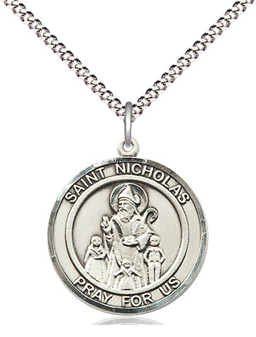 Sterling Silver Saint Nicholas Pendant on a 18 inch Light Rhodium Light Curb chain