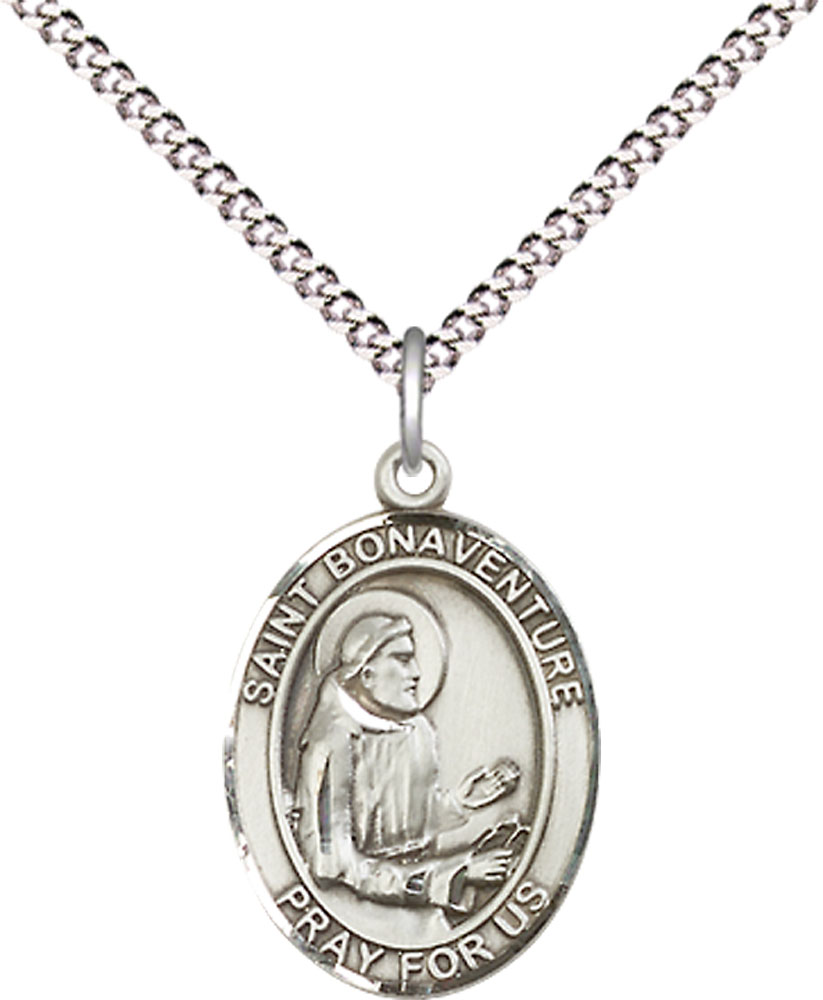 Sterling Silver Saint Bonaventure Pendant on a 18 inch Light Rhodium Light Curb chain