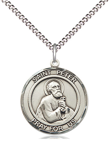 Sterling Silver Saint Peter the Apostle Pendant on a 18 inch Light Rhodium Light Curb chain