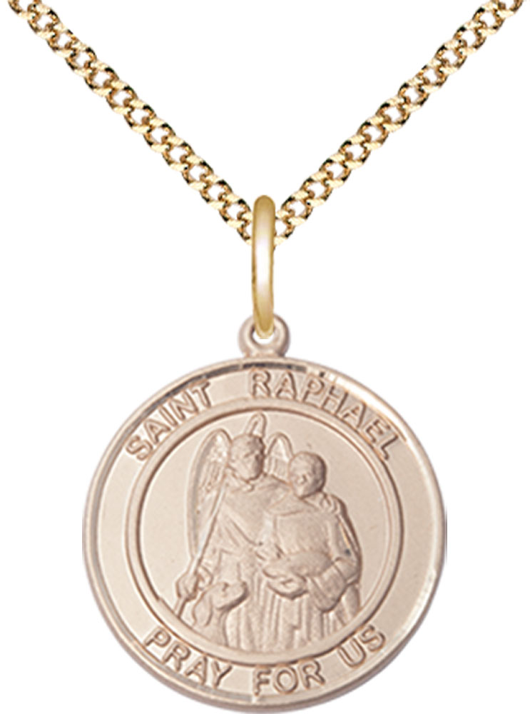 14kt Gold Filled Saint Raphael the Archangel Pendant on a 18 inch Gold Plate Light Curb chain