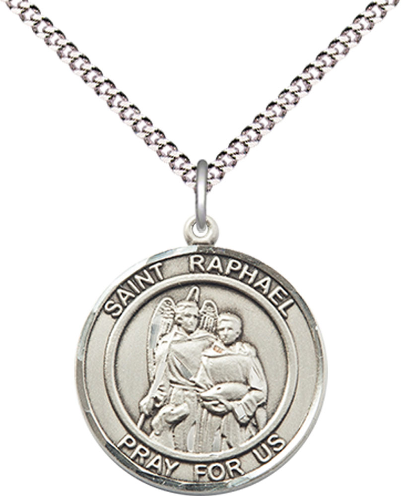 Sterling Silver Saint Raphael the Archangel Pendant on a 18 inch Light Rhodium Light Curb chain