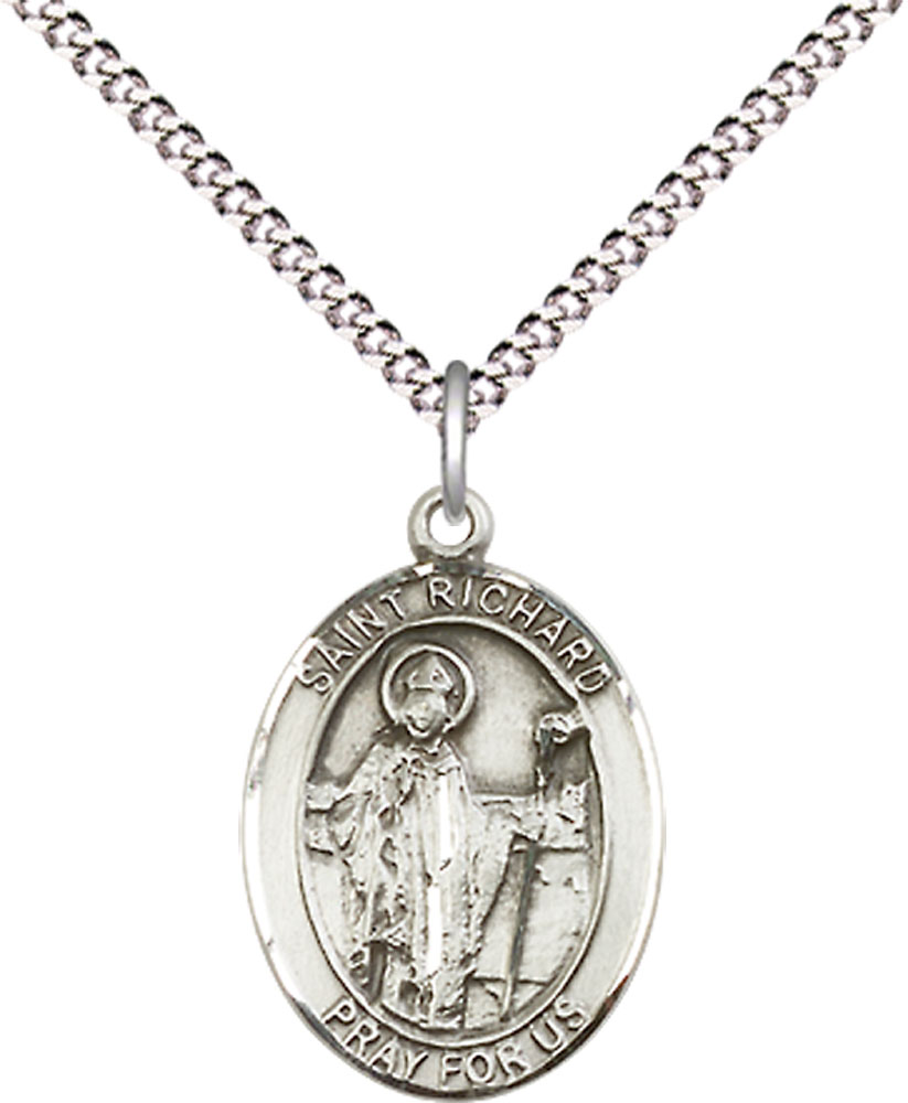 Sterling Silver Saint Richard Pendant on a 18 inch Light Rhodium Light Curb chain