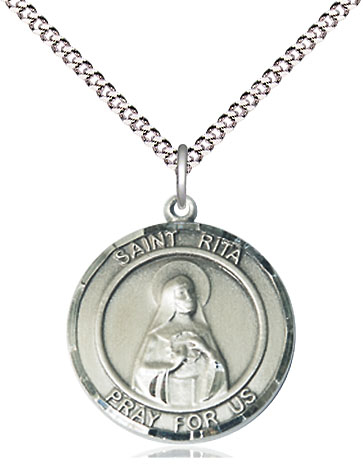 Sterling Silver Saint Rita of Cascia Pendant on a 18 inch Light Rhodium Light Curb chain