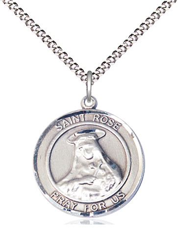 Sterling Silver Saint Rose of Lima Pendant on a 18 inch Light Rhodium Light Curb chain