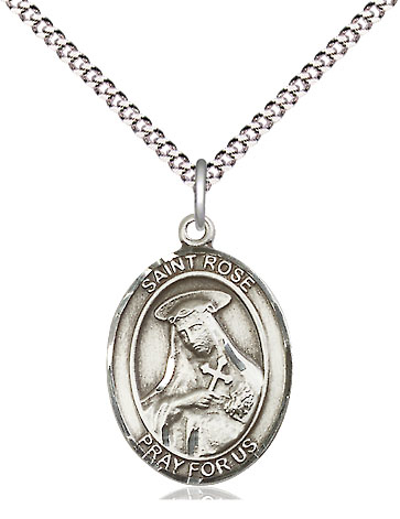 Sterling Silver Saint Rose of Lima Pendant on a 18 inch Light Rhodium Light Curb chain