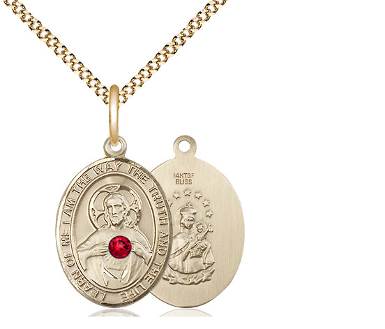 14kt Gold Filled Scapular - Ruby Stone Pendant with a 3mm Ruby Swarovski stone on a 18 inch Gold Plate Light Curb chain