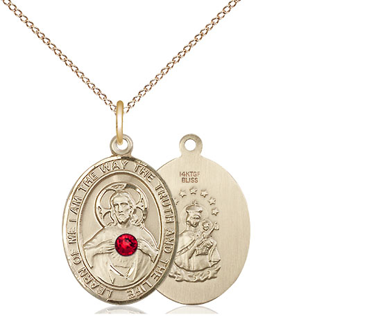 14kt Gold Filled Scapular - Ruby Stone Pendant with a 3mm Ruby Swarovski stone on a 18 inch Gold Filled Light Curb chain