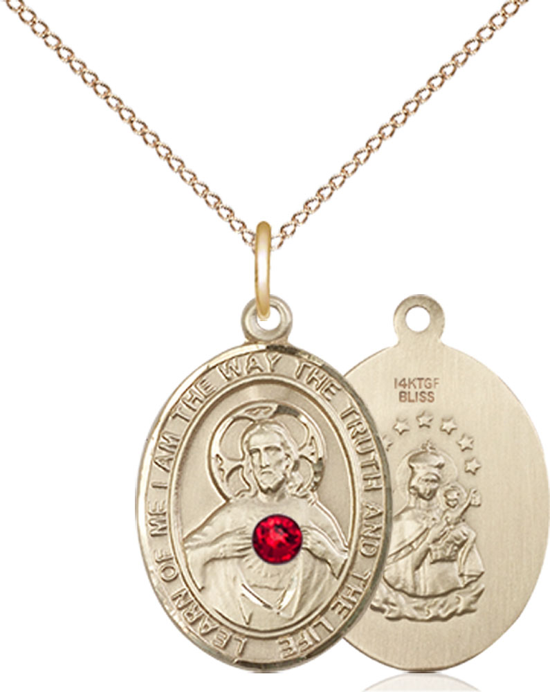 14kt Gold Filled Scapular - Ruby Stone Pendant with a 3mm Ruby Swarovski stone on a 18 inch Gold Filled Light Curb chain