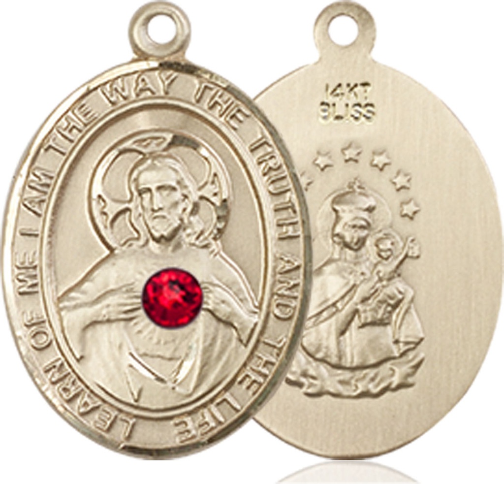 14kt Gold Scapular - Ruby Stone Medal with a 3mm Ruby Swarovski stone