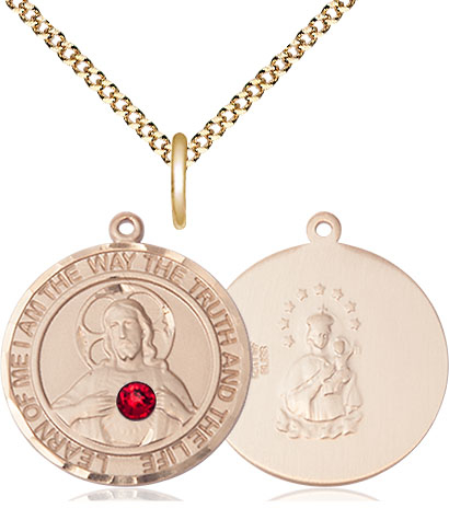 14kt Gold Filled Scapular - Ruby Stone Pendant with a 3mm Ruby Swarovski stone on a 18 inch Gold Plate Light Curb chain