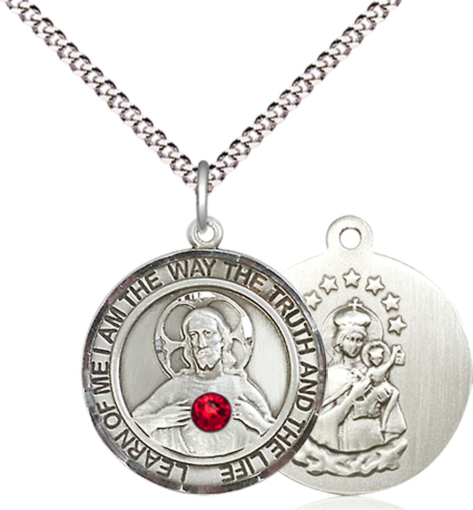Sterling Silver Scapular - Ruby Stone Pendant with a 3mm Ruby Swarovski stone on a 18 inch Light Rhodium Light Curb chain