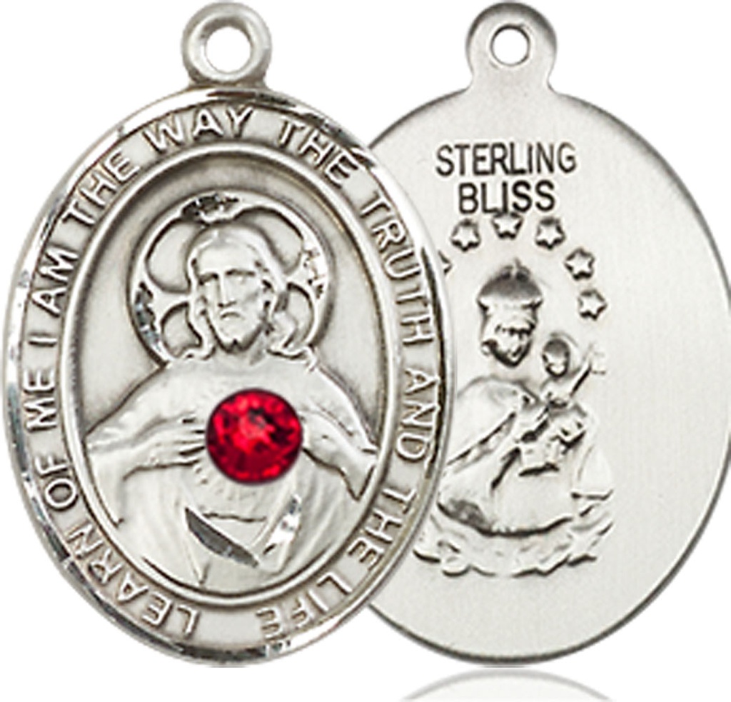 Sterling Silver Scapular - Ruby Stone Medal with a 3mm Ruby Swarovski stone