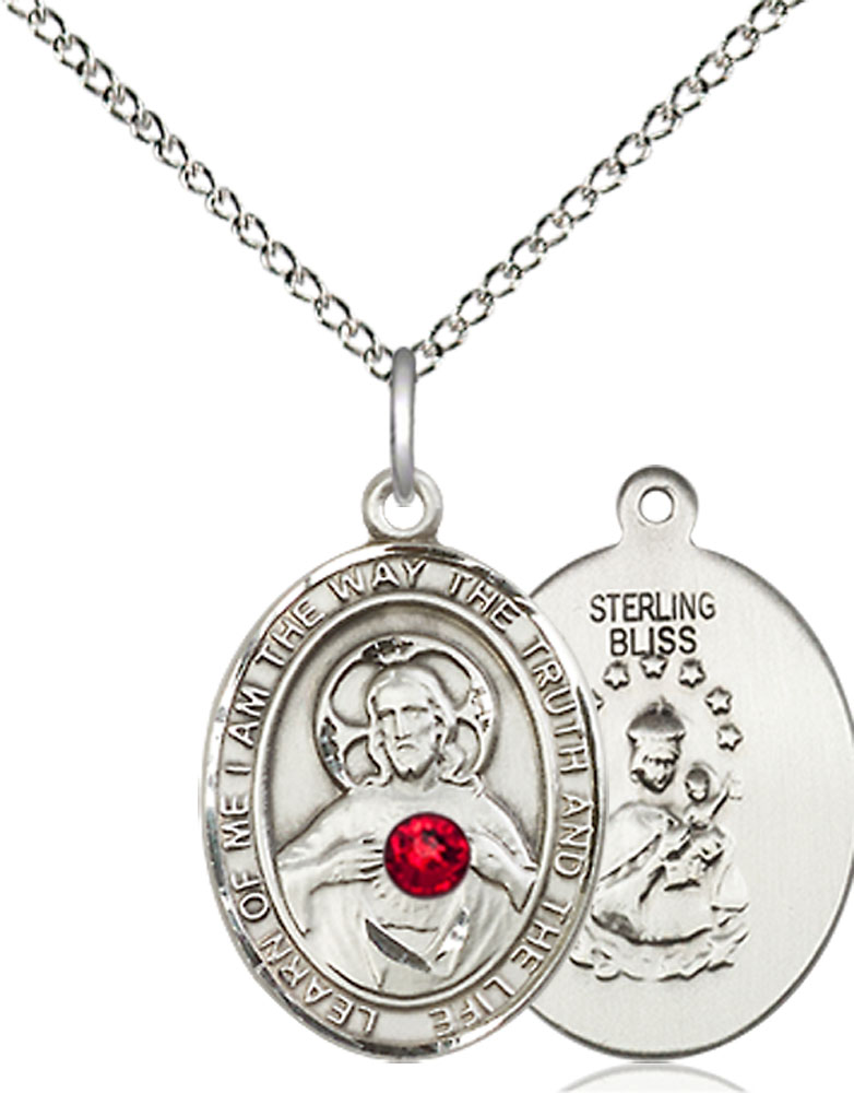 Sterling Silver Scapular - Ruby Stone Pendant with a 3mm Ruby Swarovski stone on a 18 inch Sterling Silver Light Curb chain