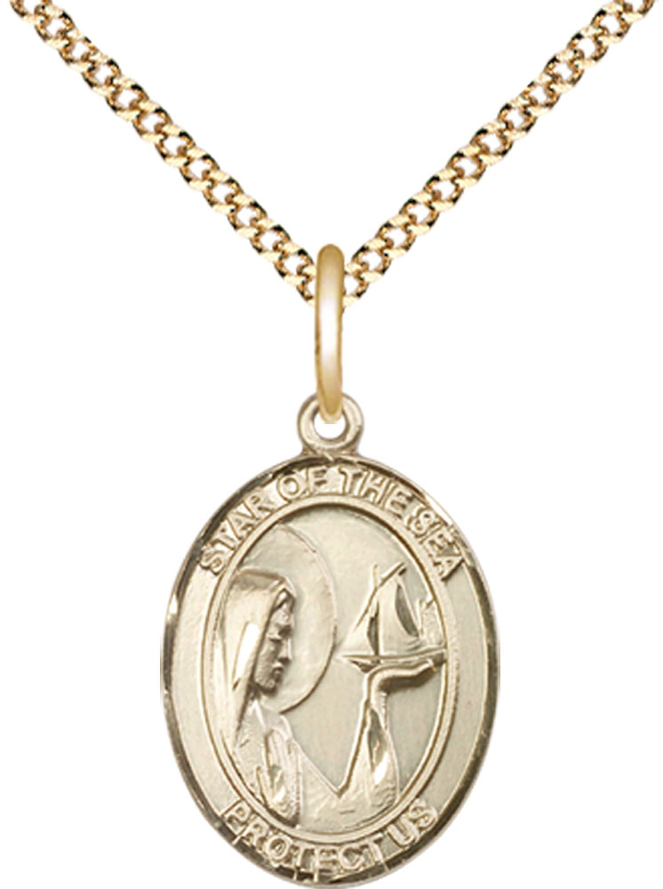 14kt Gold Filled Our Lady Star of the Sea Pendant on a 18 inch Gold Plate Light Curb chain