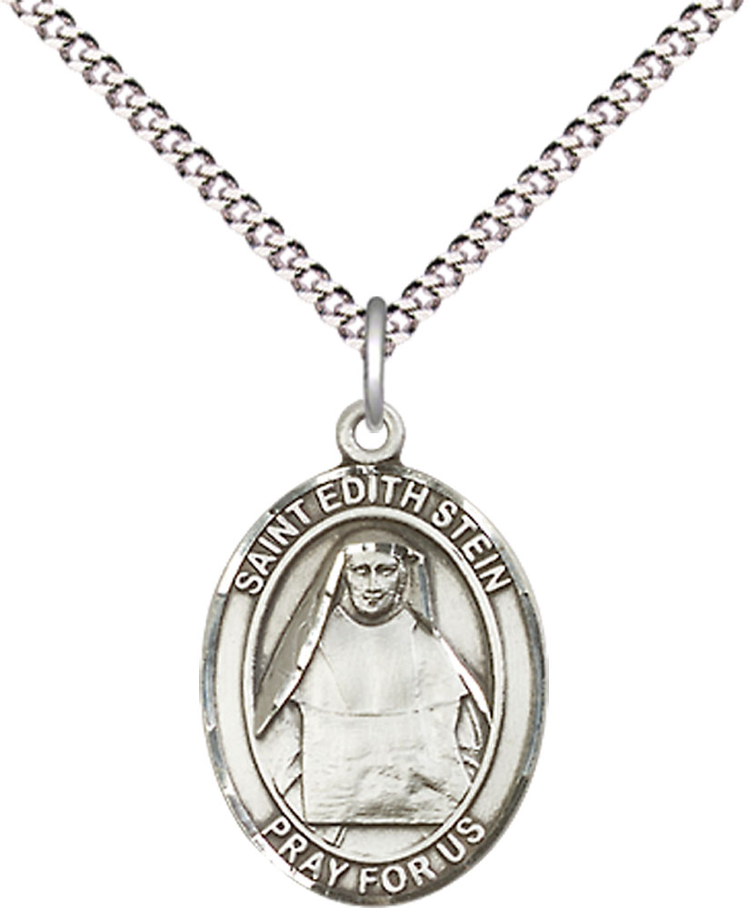 Sterling Silver Saint Edith Stein Pendant on a 18 inch Light Rhodium Light Curb chain