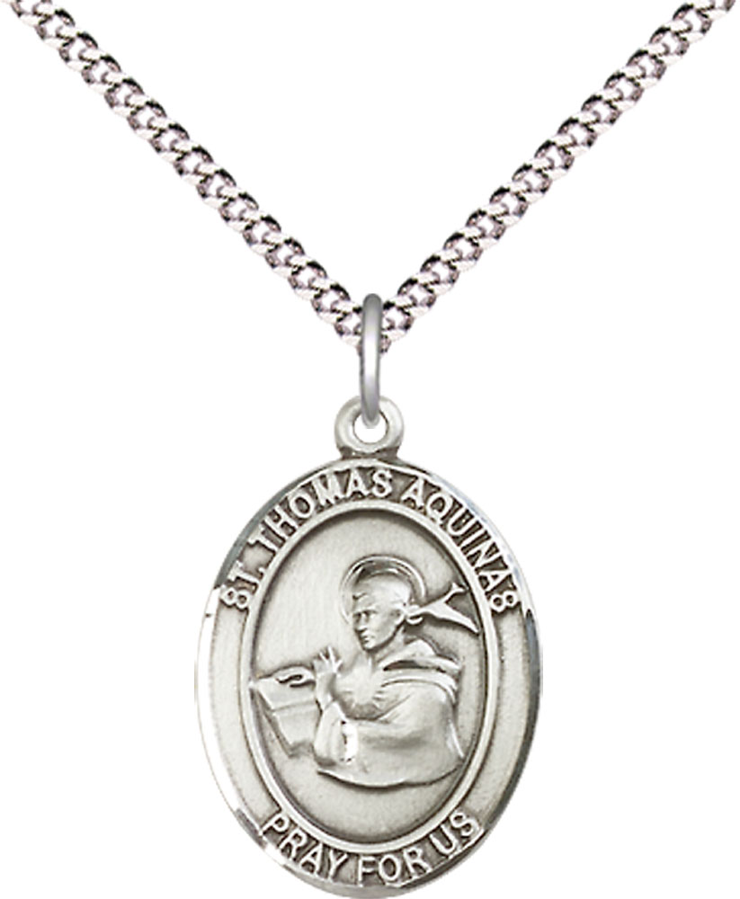 Sterling Silver Saint Thomas Aquinas Pendant on a 18 inch Light Rhodium Light Curb chain