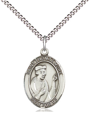 Sterling Silver Saint Thomas More Pendant on a 18 inch Light Rhodium Light Curb chain