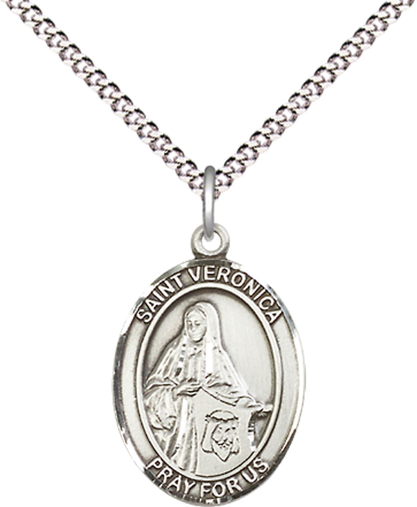 Sterling Silver Saint Veronica Pendant on a 18 inch Light Rhodium Light Curb chain