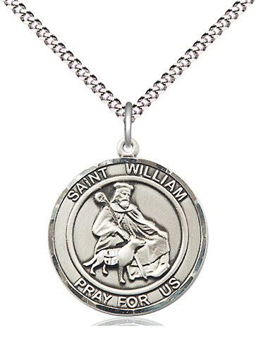 Sterling Silver Saint William of Rochester Pendant on a 18 inch Light Rhodium Light Curb chain