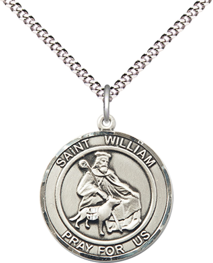 Sterling Silver Saint William of Rochester Pendant on a 18 inch Light Rhodium Light Curb chain