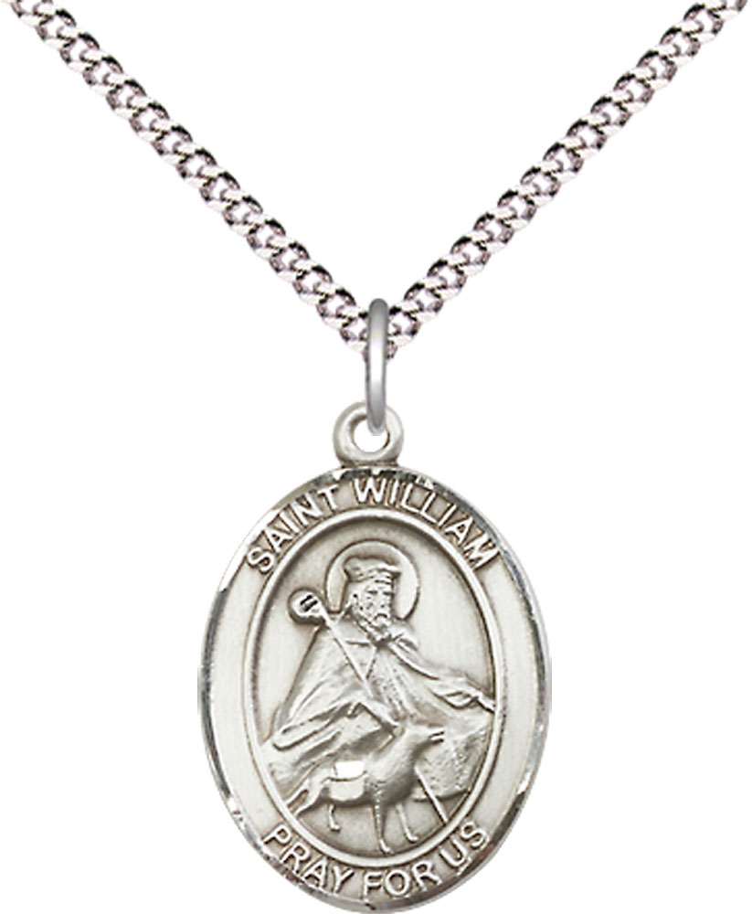 Sterling Silver Saint William of Rochester Pendant on a 18 inch Light Rhodium Light Curb chain