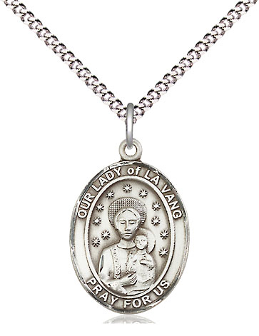 Sterling Silver Our Lady of la Vang Pendant on a 18 inch Light Rhodium Light Curb chain