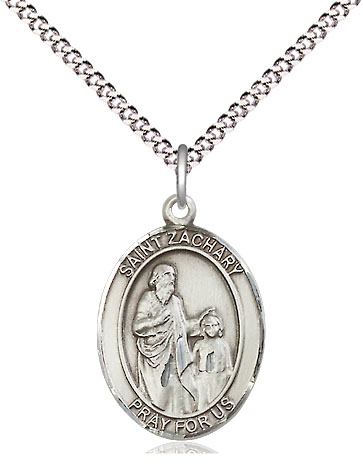 Sterling Silver Saint Zachary Pendant on a 18 inch Light Rhodium Light Curb chain