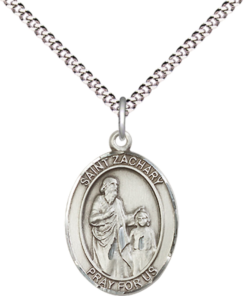 Sterling Silver Saint Zachary Pendant on a 18 inch Light Rhodium Light Curb chain