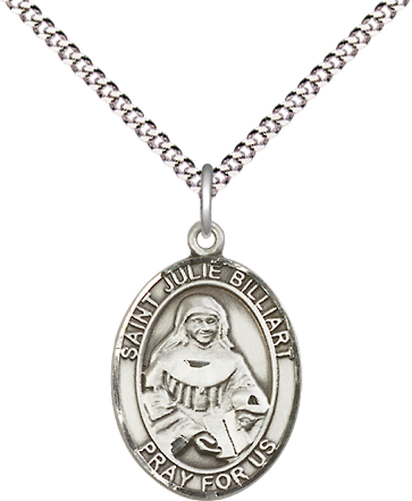 Sterling Silver Saint Julie Billiart Pendant on a 18 inch Light Rhodium Light Curb chain
