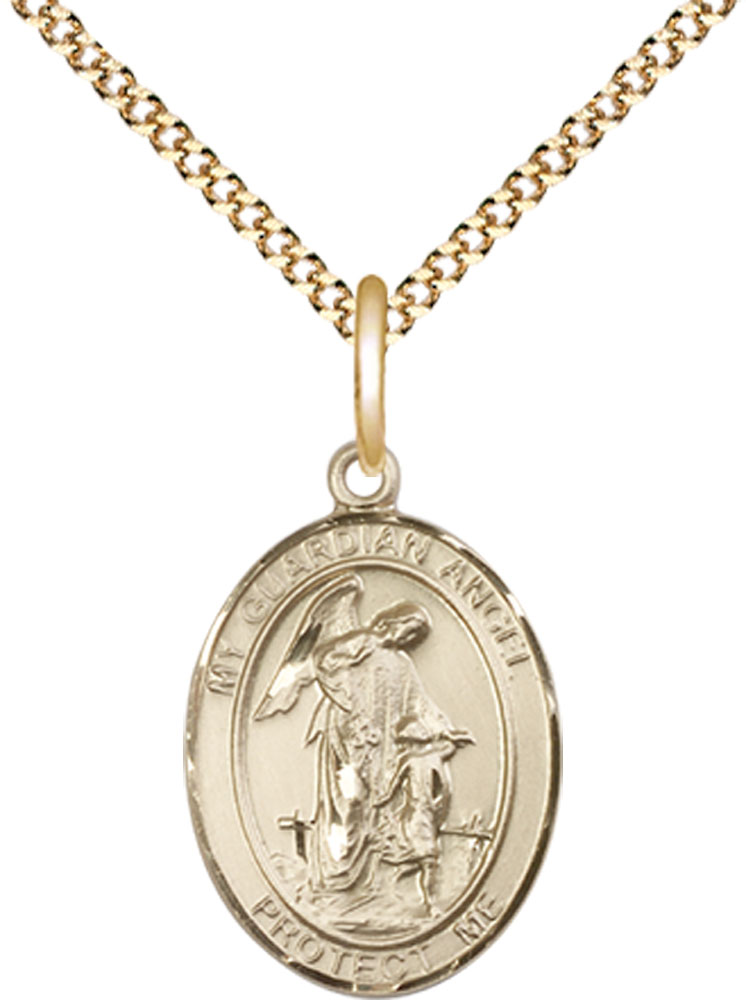 14kt Gold Filled Guardian Angel Pendant on a 18 inch Gold Plate Light Curb chain