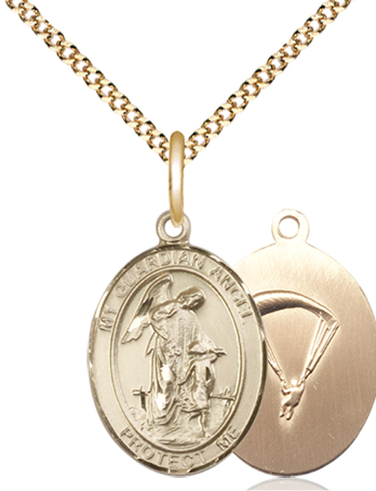 14kt Gold Filled Guardian Angel Paratrooper Pendant on a 18 inch Gold Plate Light Curb chain