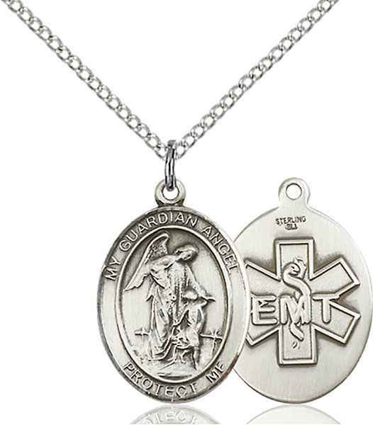 Sterling Silver Guardian Angel EMT Pendant on a 18 inch Light Rhodium Light Curb chain