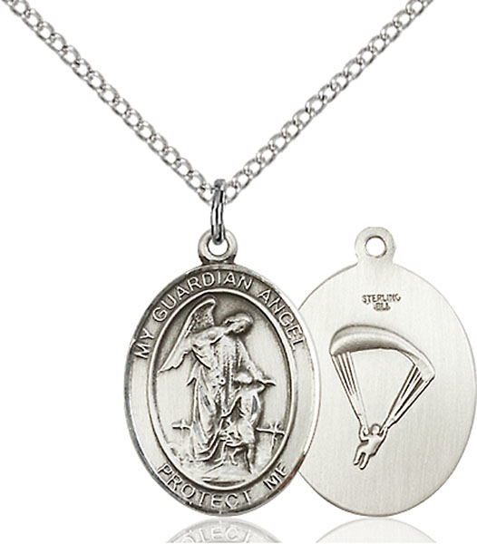 Sterling Silver Guardian Angel Paratrooper Pendant on a 18 inch Light Rhodium Light Curb chain