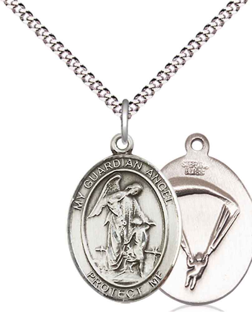 Sterling Silver Guardian Angel Paratrooper Pendant on a 18 inch Light Rhodium Light Curb chain