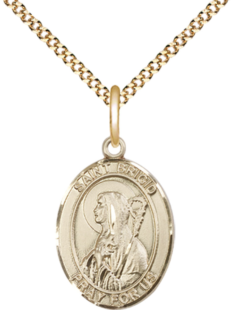 14kt Gold Filled Saint Brigid of Ireland Pendant on a 18 inch Gold Plate Light Curb chain