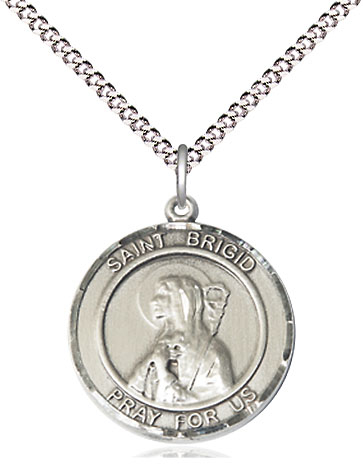 Sterling Silver Saint Brigid of Ireland Pendant on a 18 inch Light Rhodium Light Curb chain