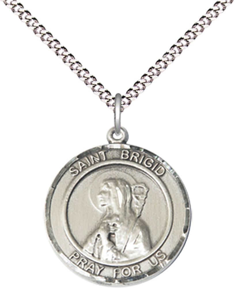 Sterling Silver Saint Brigid of Ireland Pendant on a 18 inch Light Rhodium Light Curb chain