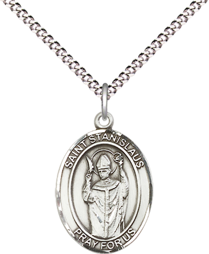 Sterling Silver Saint Stanislaus Pendant on a 18 inch Light Rhodium Light Curb chain