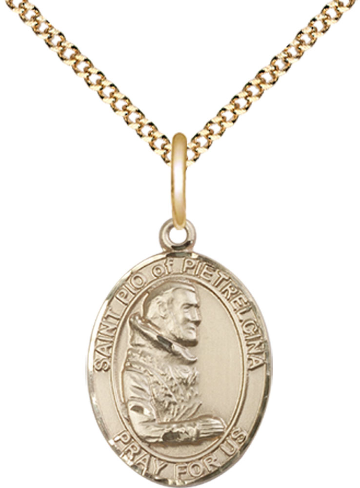 14kt Gold Filled Saint Pio of Pietrelcina Pendant on a 18 inch Gold Plate Light Curb chain