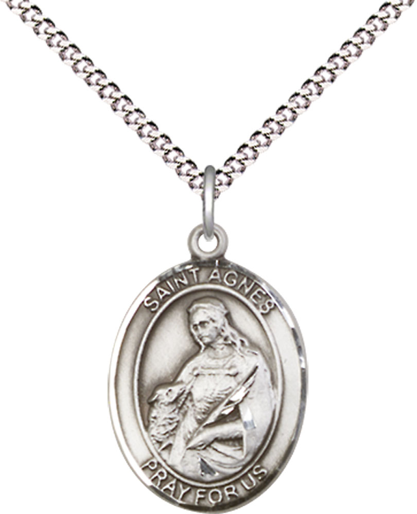 Sterling Silver Saint Agnes of Rome Pendant on a 18 inch Light Rhodium Light Curb chain