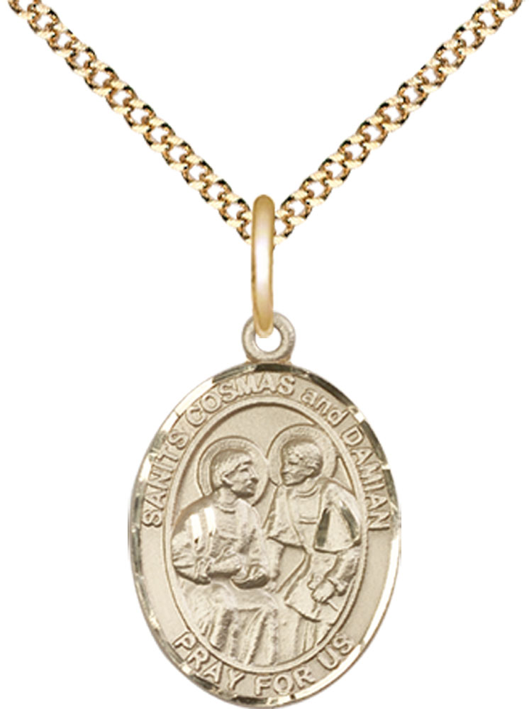 14kt Gold Filled Saints Cosmas &amp; Damian Pendant on a 18 inch Gold Plate Light Curb chain