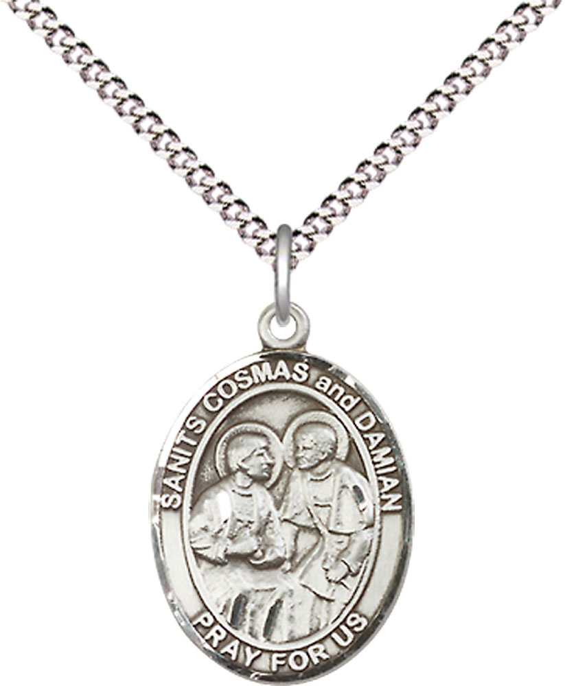 Sterling Silver Saints Cosmas &amp; Damian Pendant on a 18 inch Light Rhodium Light Curb chain