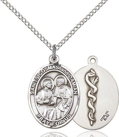Sterling Silver Saints Cosmas &amp; Damian Doctors Pendant on a 18 inch Sterling Silver Light Curb chain