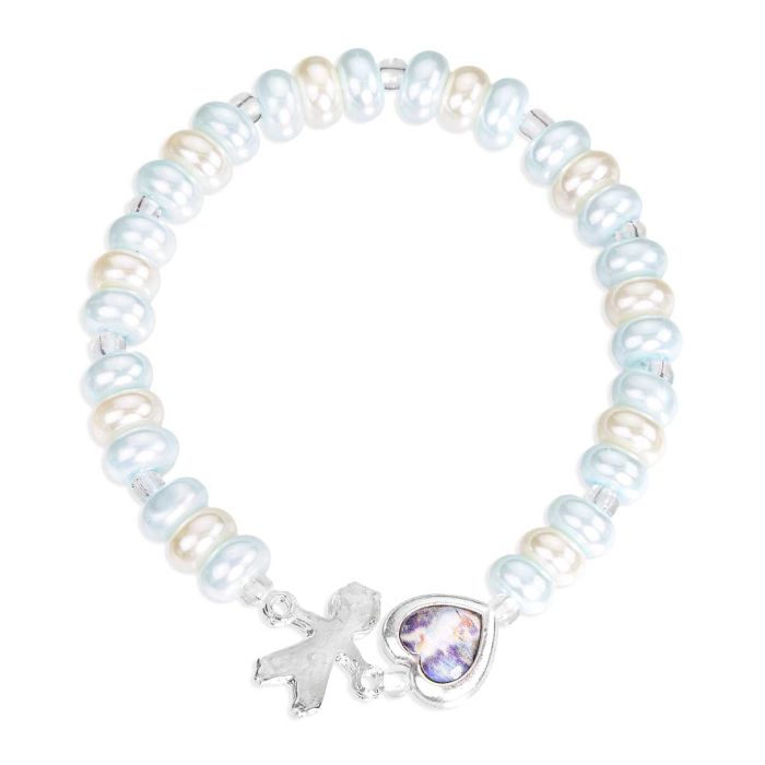 Children's Blue Pearlized Bracelet with Guardian Angel Heart and Metal Boy Charm Boxed