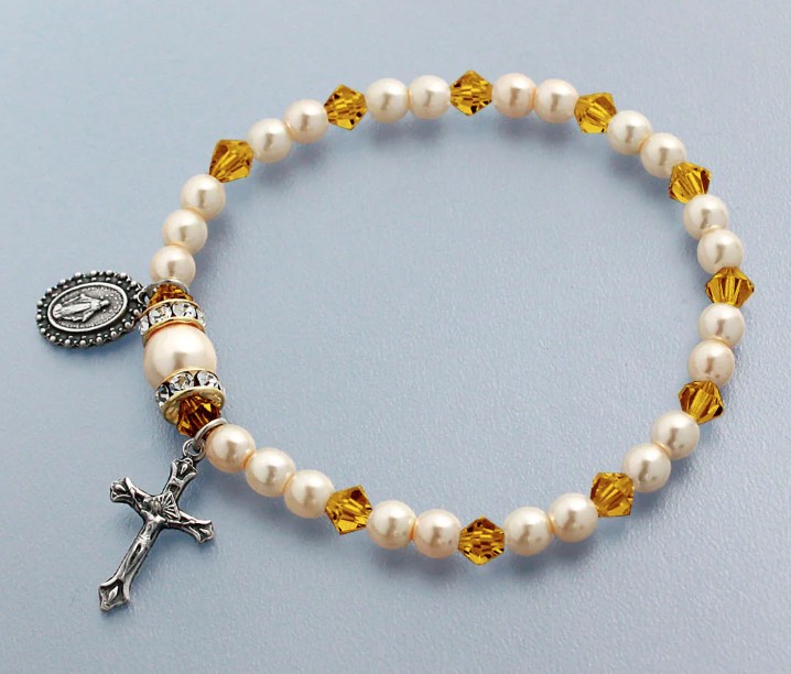 Rosary Bracelet Stretch Topaz/Pearl