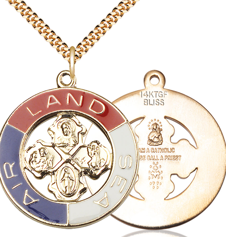 Gold Plate Sterling Silver Land, Sea, Air Pendant on a 24 inch Gold Plate Heavy Curb chain