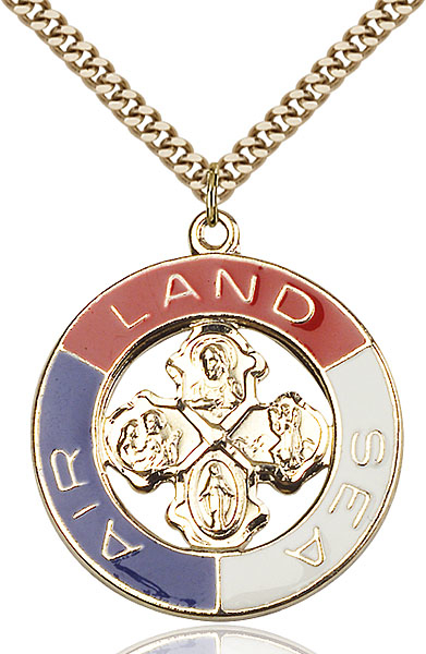 Gold Plate Sterling Silver Land, Sea, Air Pendant on a 24 inch Gold Plate Heavy Curb chain