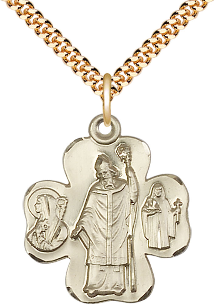 14kt Gold Filled Irish Shamrock Pendant on a 24 inch Gold Plate Heavy Curb chain